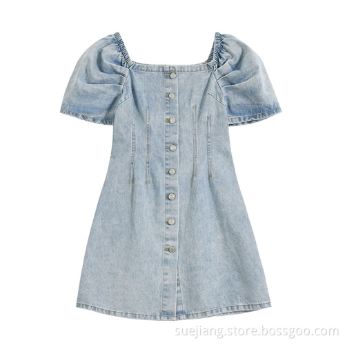 Plus Size Denim Botton Bow Short Sleeve Dress